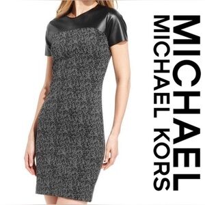 Michael Kors Black Leather Dress EUC Gray White Printed Mini Stretchy